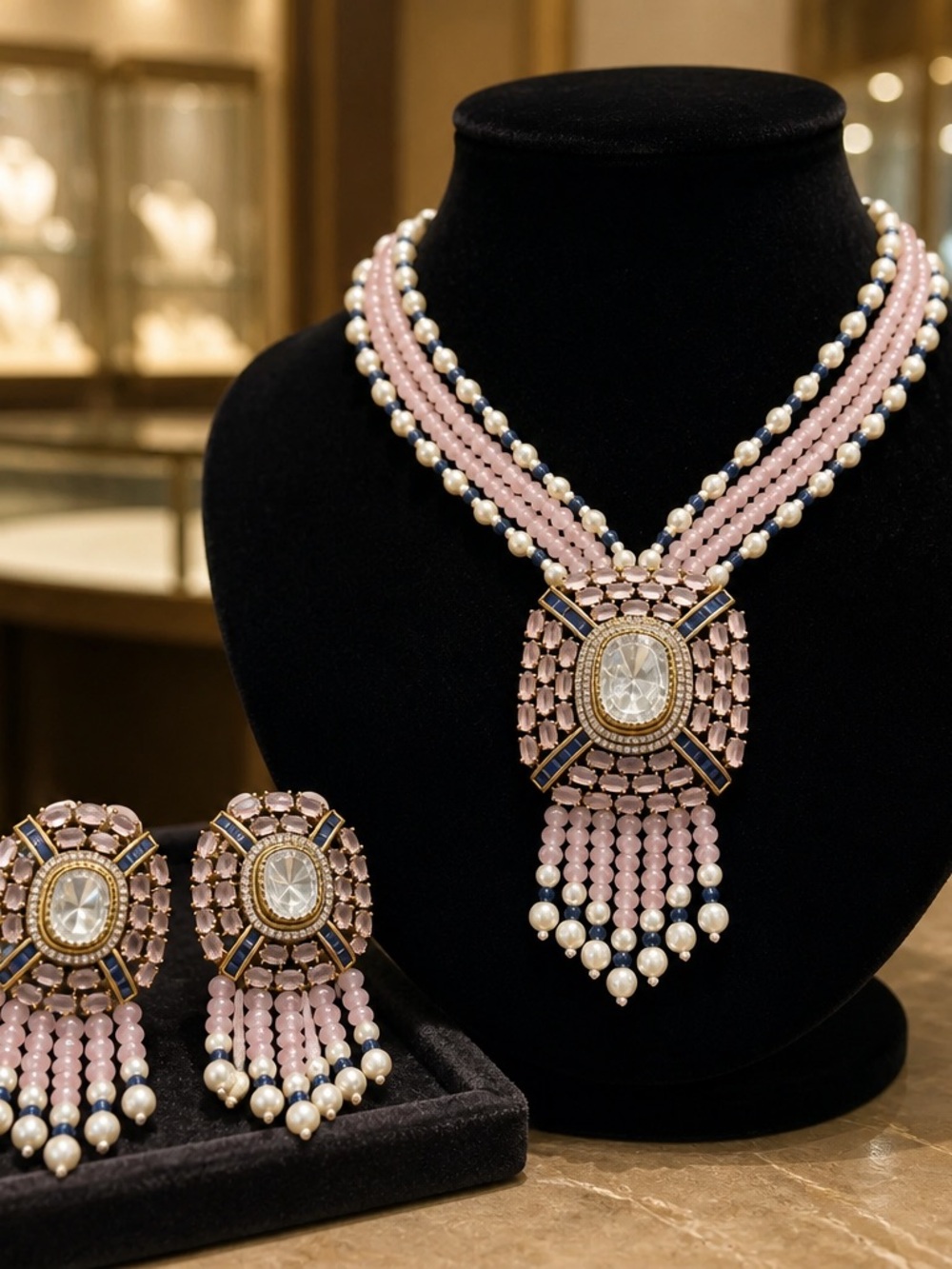 Pink Beaded Statement Necklace and Earrings Set